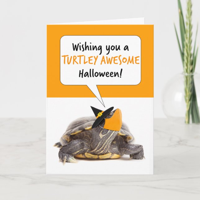 Cartes Pour Fêtes Annuelles Joyeuse tortue d'Halloween en Casquette sorcier et (Devant)