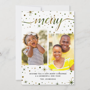 Cartes Pour Fêtes Annuelles Joyeuse typographie de Noël Vert + Or 2 photos