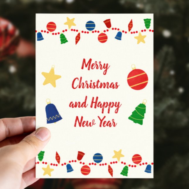 Cartes Pour Fêtes Annuelles Joyeuses décorations de Noël rétro (Cute retro custom Christmas card with vintage Christmas ornaments and red beaded garland)