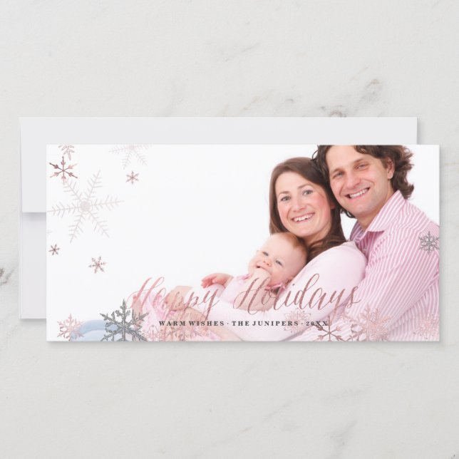 Cartes Pour Fêtes Annuelles Joyeuses Faux Rose Gold+Snowflakes (Devant)