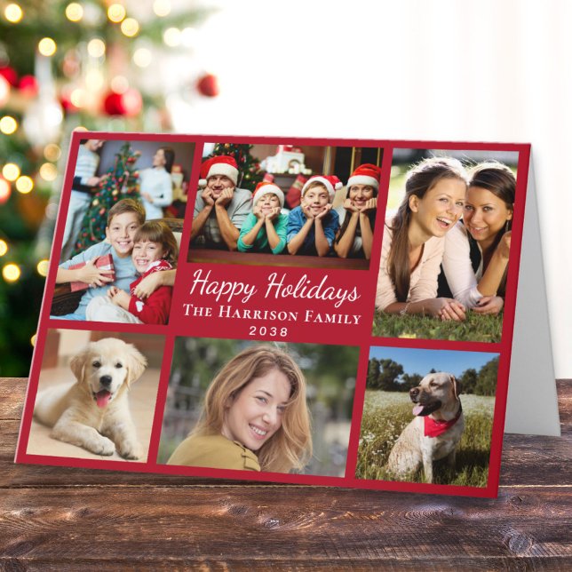 Cartes Pour Fêtes Annuelles Joyeuses fêtes 6 Photo Collage Noël Rouge (This holiday season, let your family's smiles and heartwarming memories shine on our 6 photo card)