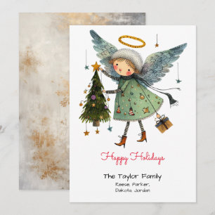 Cartes Pour Fêtes Annuelles Joyeuses Fêtes avec Ange Fantaisiste et Arbre