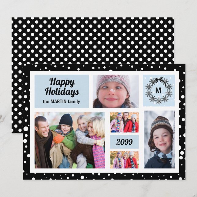 Cartes Pour Fêtes Annuelles Joyeuses Fêtes Bleu et Noir Noël 5 Photo (Devant / Derrière)