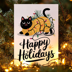 Cartes Pour Fêtes Annuelles Joyeuses Fêtes Chat Emballé dans des Lumières de N