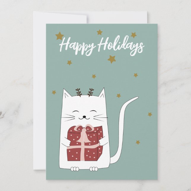 Cartes Pour Fêtes Annuelles Joyeuses Fêtes Chat Mignon avec Cadeau  (Devant)