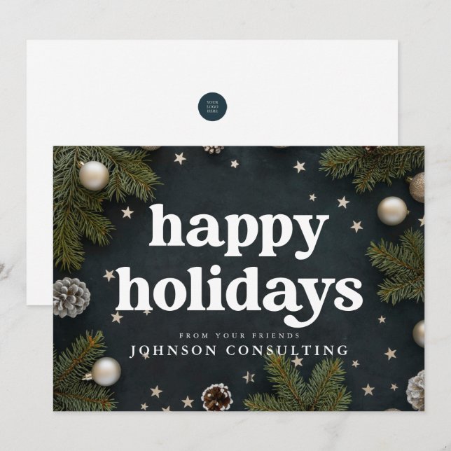 Cartes Pour Fêtes Annuelles Joyeuses fêtes de Noël moderne Ornements et pin (Devant / Derrière)