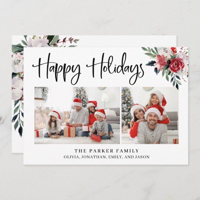 Cartes Pour Fêtes Annuelles Joyeuses fêtes | Deux photos et aquarelle Floral (Devant / Derrière)