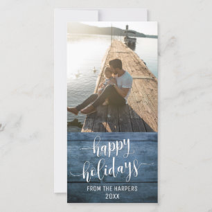 Cartes Pour Fêtes Annuelles Joyeuses Fêtes Écriture Moderne Bleu Bois Rustique