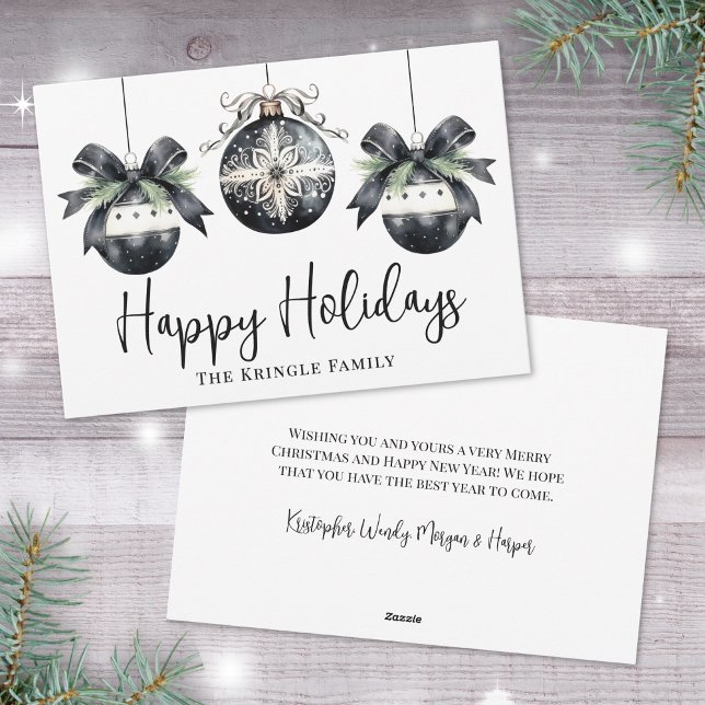 Cartes Pour Fêtes Annuelles Joyeuses Fêtes Élégant Noir Blanc (Elegant Watercolor Black White Happy Holidays Holiday Card)
