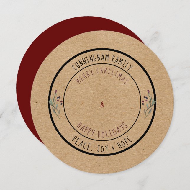 Cartes Pour Fêtes Annuelles Joyeuses fêtes et Joyeux Noël rond Rustique (Devant / Derrière)