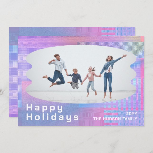 Cartes Pour Fêtes Annuelles Joyeuses fêtes Glitch rose tendance photo Noël (Devant / Derrière)