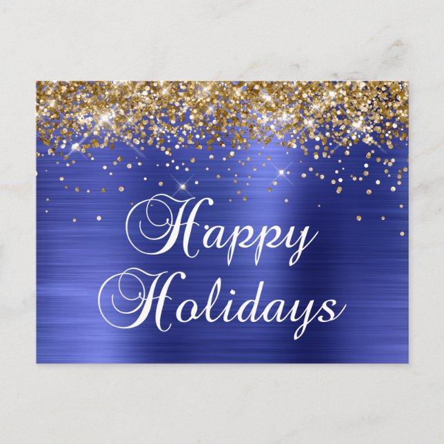 Cartes Pour Fêtes Annuelles Joyeuses fêtes Gold Glittery Faux Blue Foil (Devant)