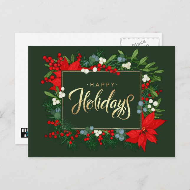 Cartes Pour Fêtes Annuelles Joyeuses fêtes. Holly, Mistletoe et Poinsettia (Devant / Derrière)
