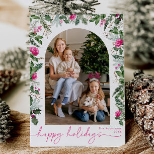 Cartes Pour Fêtes Annuelles Joyeuses fêtes jolies rose et vert arche botanique