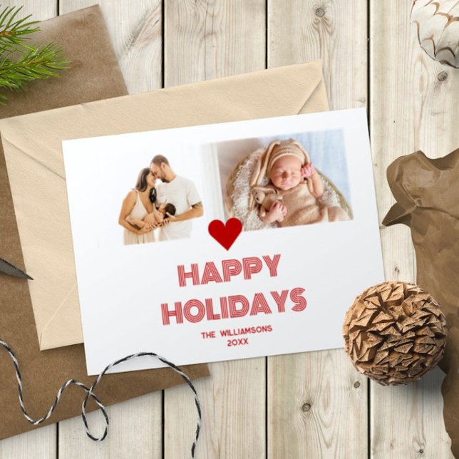 Cartes Pour Fêtes Annuelles Joyeuses Fêtes Moderne Rouge Clair 2 Photos (Modern Bright Red and White Happy Holidays 2 Photos Heart Holiday Card)