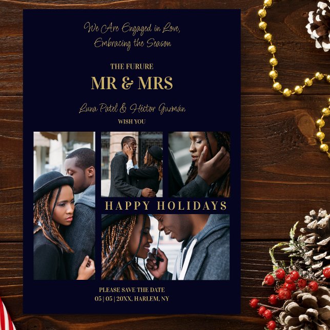 Cartes Pour Fêtes Annuelles Joyeuses Fêtes Navy & Or Simple 4 Multi Photos ("Happy Holidays" Navy Blue & Fake Gold 4 Multi Image Save the Date Card.)