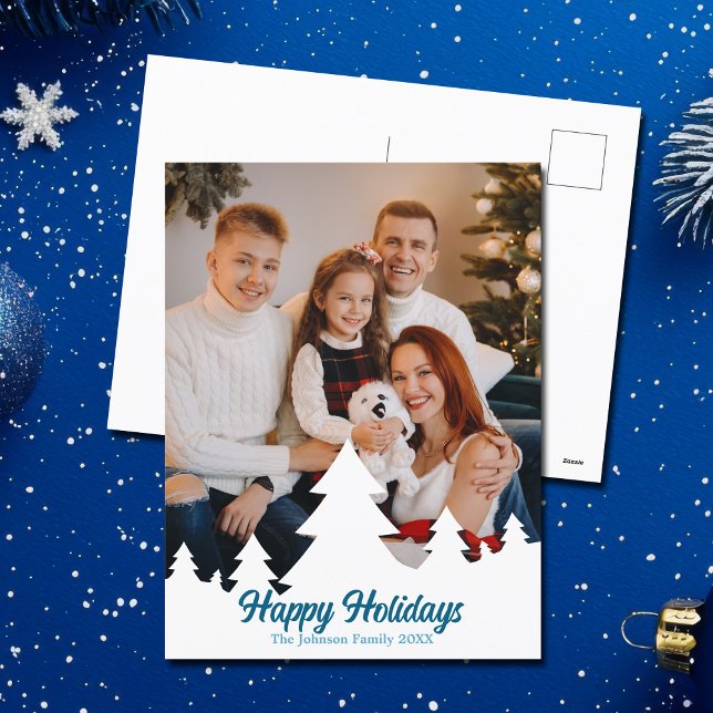 Cartes Pour Fêtes Annuelles Joyeuses fêtes Noël Arbres Famille Photo Bleu (Créateur téléchargé)