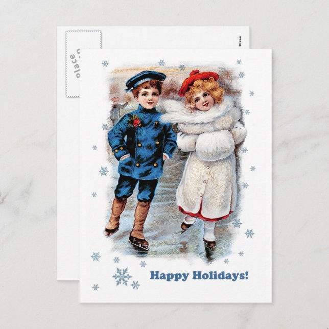 Cartes Pour Fêtes Annuelles Joyeuses fêtes. Noël des enfants de patinage vinta (Devant / Derrière)