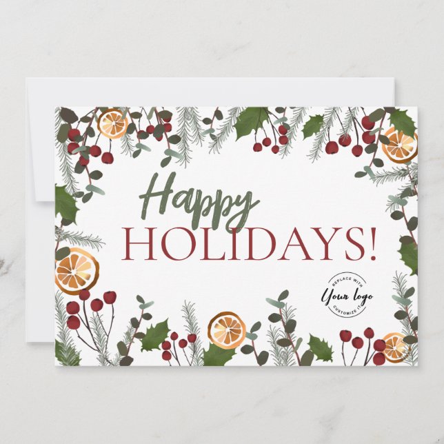 Cartes Pour Fêtes Annuelles Joyeuses fêtes Noël Foliage Votre logo Rustique (Devant)