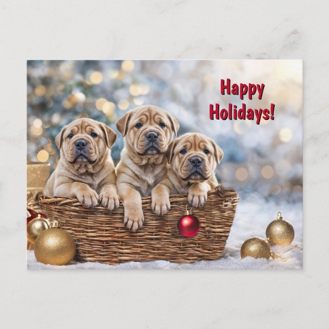 Cartes Pour Fêtes Annuelles Joyeuses fêtes Noël mignonne Shar-pei Chien chiot (Devant)