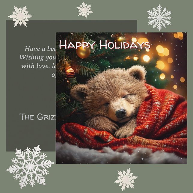 Cartes Pour Fêtes Annuelles Joyeuses fêtes Noël Ours Stwood (deep peace & winter warmth personalised square Christmas card. adorable bear cub sleeping under tree)