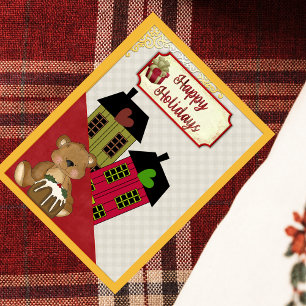 Cartes Pour Fêtes Annuelles Joyeuses Fêtes Ours en Peluche Coeur Maisons Rétro