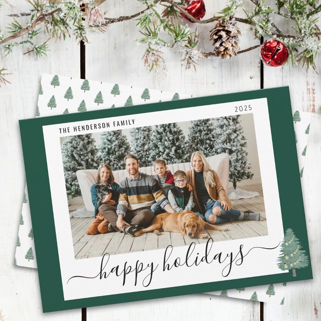 Cartes Pour Fêtes Annuelles Joyeuses fêtes personnalisées Photo de famille de  (Whimsical woodland Happy Holidays watercolor christmas tree and lights family Photo holiday card)