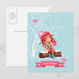 Cartes Pour Fêtes Annuelles Joyeuses fêtes. Petite fille et Kitty Noël
