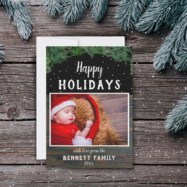 Cartes Pour Fêtes Annuelles Joyeuses Fêtes Photo de Noël Moderne en Bois Rusti (Créateur téléchargé)