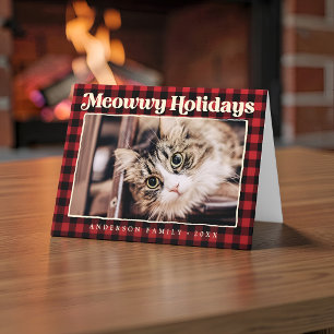 Cartes Pour Fêtes Annuelles Joyeuses Fêtes Plaid Moderne Drôle Photo de Chat d