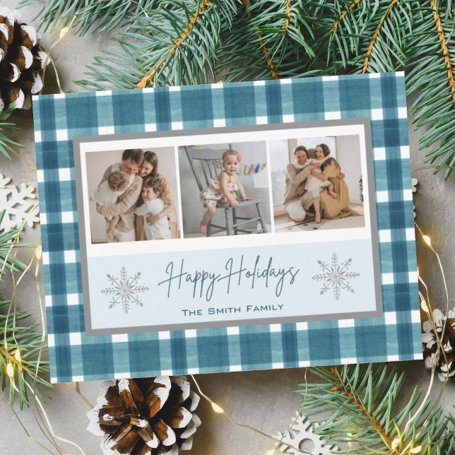 Cartes Pour Fêtes Annuelles Joyeuses Fêtes Plaid Sarcelle Flocons d'Argent Pho (Créateur téléchargé)