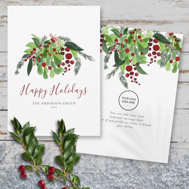 Cartes Pour Fêtes Annuelles Joyeuses fêtes Red Berries Logo d'affaires (Happy Holidays Red Berries Business Logo Holiday Card)