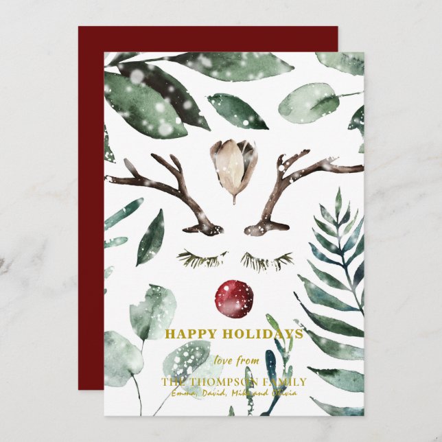 Cartes Pour Fêtes Annuelles Joyeuses Fêtes | Renne à Feuillage Vert Magnolia (Devant / Derrière)