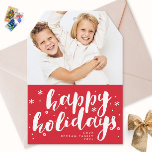 Cartes Pour Fêtes Annuelles Joyeuses Fêtes Rétro Étiquette Photo Rouge Blanche