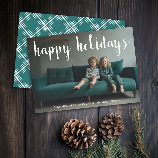 Cartes Pour Fêtes Annuelles Joyeuses Fêtes Script Simple Photo Bleue Complète (Modern Holiday Greeting Card with Large Photo)