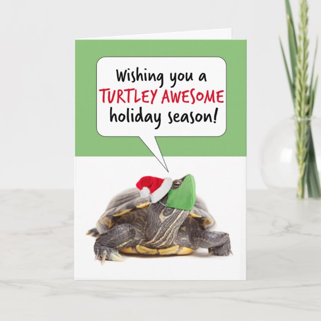 Cartes Pour Fêtes Annuelles Joyeuses Fêtes Tortue dans un Masque Covid Humour (Devant)