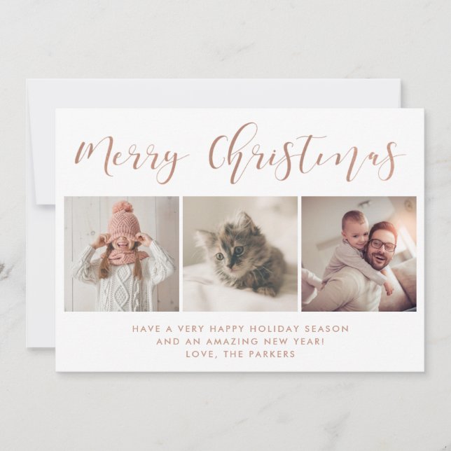 Cartes Pour Fêtes Annuelles Joyeuses fêtes | Trois Rose photo Gold Calligraphi (Devant)