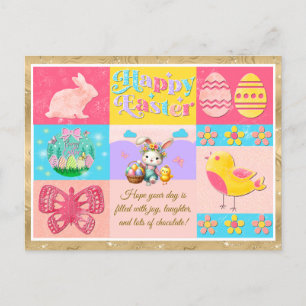 Cartes Pour Fêtes Annuelles Joyeuses Pâques avec Lapin, Poussin, Œufs & Fleurs
