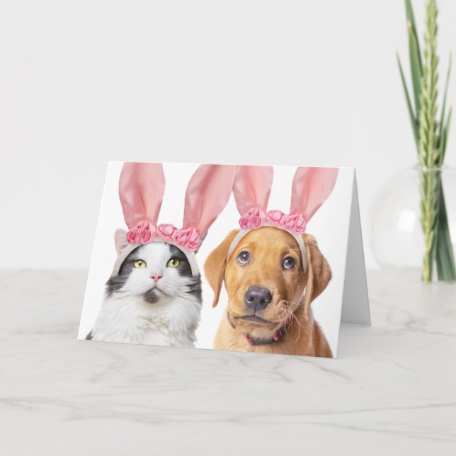 Cartes Pour Fêtes Annuelles Joyeuses Pâques Chat Mignon et Chiot aux Oreilles  (Devant)