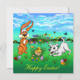 Cartes Pour Fêtes Annuelles Joyeuses Pâques ! Lapin, Poussin et Chiot