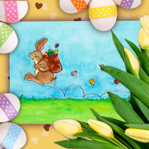 Cartes Pour Fêtes Annuelles Joyeuses Pâques Lapin qui saute avec des Œufs