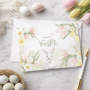 Cartes Pour Fêtes Annuelles Joyeuses Tulipes de Pâques, Daffodiles et Lapin de