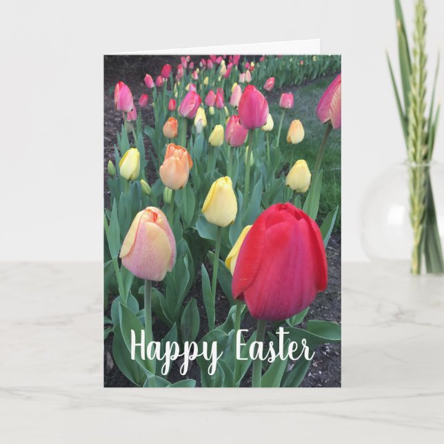 Cartes Pour Fêtes Annuelles Joyeuses Tulipes de Pâques Typographie élégante (Devant)