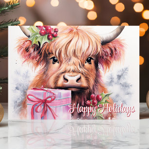 Cartes Pour Fêtes Annuelles Joyeuses vacances Aquarelle Highland Vache Noël