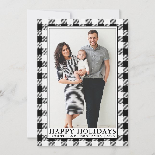 Cartes Pour Fêtes Annuelles Joyeuses vacances Black White Buffalo Plaid (Devant)