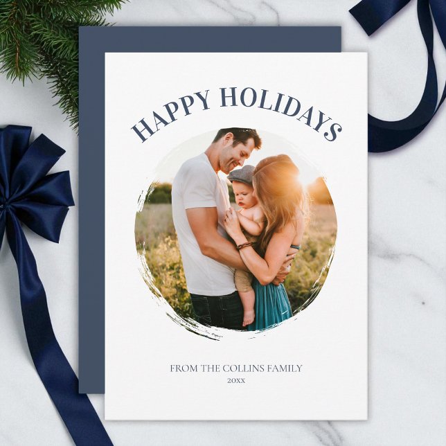 Cartes Pour Fêtes Annuelles Joyeuses Vacances Bleues Photo Famille moderne Noë (Happy Holidays Blue Family Photo Modern Christmas Holiday Card)