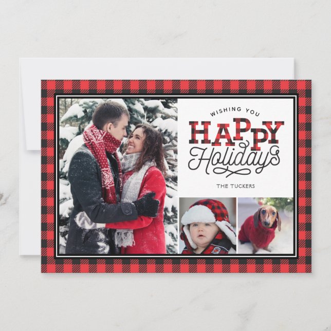 Cartes Pour Fêtes Annuelles Joyeuses vacances Buffalo Plaid Bordure 3-Photo (Devant)