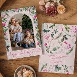 Cartes Pour Fêtes Annuelles Joyeuses Vacances Cute Blush Rose Greenery Arch Ph<br><div class="desc">Cette collection présente des fleurs rose vif d'aquarelle,  des baies et de la verdure hivernale avec typographie moderne et élégante,  avec un motif botanique d'hiver.</div>