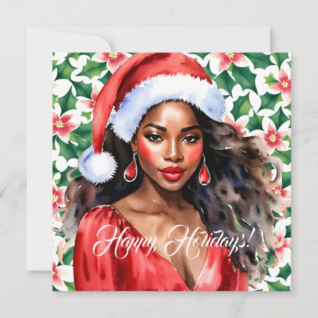 Cartes Pour Fêtes Annuelles Joyeuses vacances Femme noire Santa Hat (Devant)