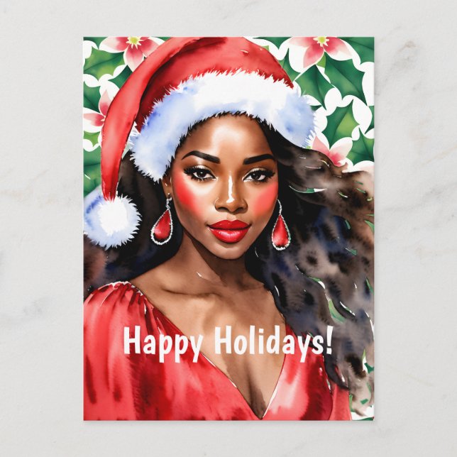 Cartes Pour Fêtes Annuelles Joyeuses vacances Femme noire Santa Hat (Devant)